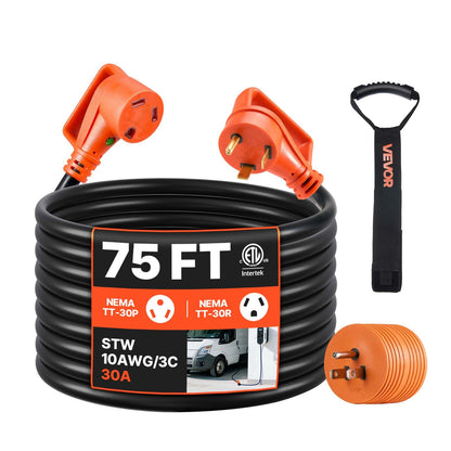 Vevor 75 Ft Rv Extension Cord, 30 Amp, 125V 2500W Heavy Duty Stw 10/3 Gauge Wire, Nema Tt-30P Male Nema Tt-30R Female Plug, With