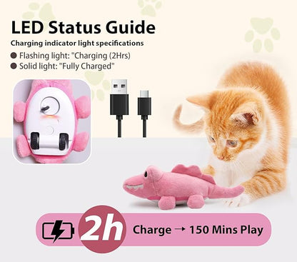 Interactive Cat Toys for Indoor Cats – Auto Moving Alligator with 360° Random Movement & Tail Wagging, Rechargeable Cat Exercise Toy with Catnip, Self-Play Fun for Bored Adult Cats-Pink