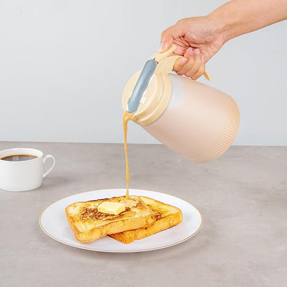 Restaurantware-Chef 101 48 Ounce All Purpose Syrup Dispensers, 10 Honey Dispensers - Beige Top, Stainless Steel Slide Cover, Plastic Pancake Syrup Bottle, Perfect For Diners, Restaurants, Home