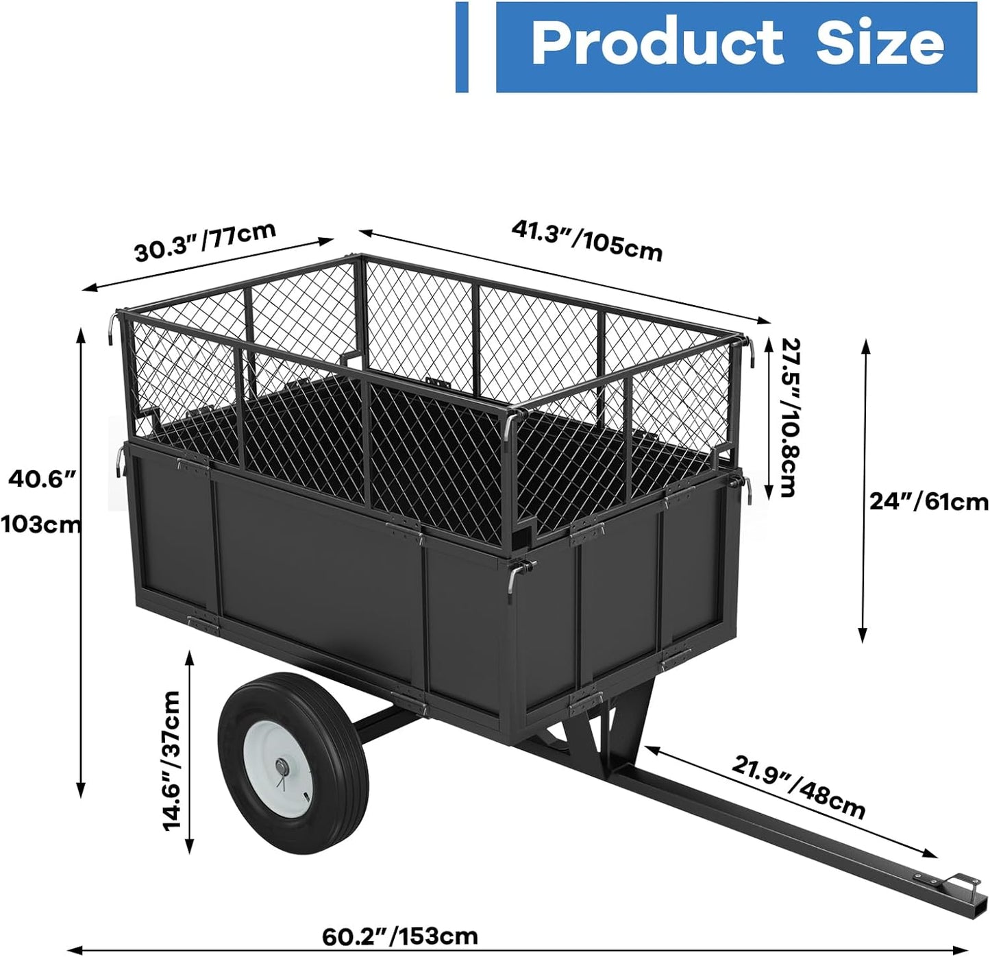 GAOMON Heavy Duty Utility Trailer for ATV/UTV, 750lbs Capacity Garden Dump Cart with 17 Cu. Ft. Bed, Removable Sides, Pneumatic Tires, Hitch Compatible Pull-Behind Yard Cart for Lawn Mower, Tractor