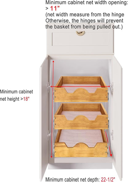 DINDON 3 Tier Pull Out Cabinet Organizer 11” W X21” D Slide Out Wood Drawer With Shelf Liner For Kitchen Pantry Organization
