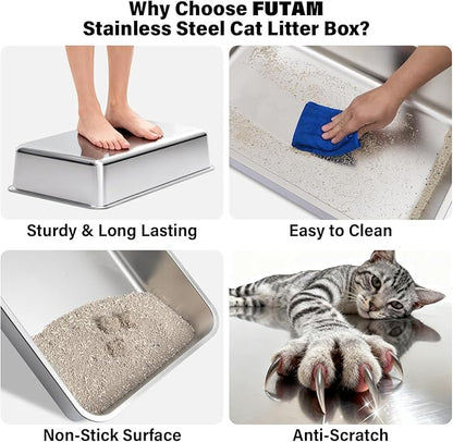2Pack Stainless Steel Litter Box, XL Extra Large Cat Litter Boxes for Big Cats, Metal Litter Box with Lid High Sides, Leak-Proof, Never Absorbs Odors, Easy Cleaning, Non-Stick, Scoop Included