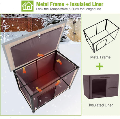 GUTINNEEN Large Insulated Dog House for Winter Outdoor Dog Kennel with Anti-Chewing Metal Frame for Medium to Large Dogs, Brown Color