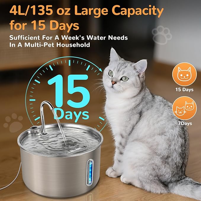 Cat Water Fountain Stainless Steel,135oz/4L,with Adjustable Pump & 3 Flow Modes, Ultra-Quiet Automatic Cat Dog Water Dispenser, Large Capacity Water Fountain for Cats,Dogs,Multiple Pets (1)