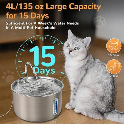 Cat Water Fountain Stainless Steel,135oz/4L,with Adjustable Pump & 3 Flow Modes, Ultra-Quiet Automatic Cat Dog Water Dispenser, Large Capacity Water Fountain for Cats,Dogs,Multiple Pets (1)