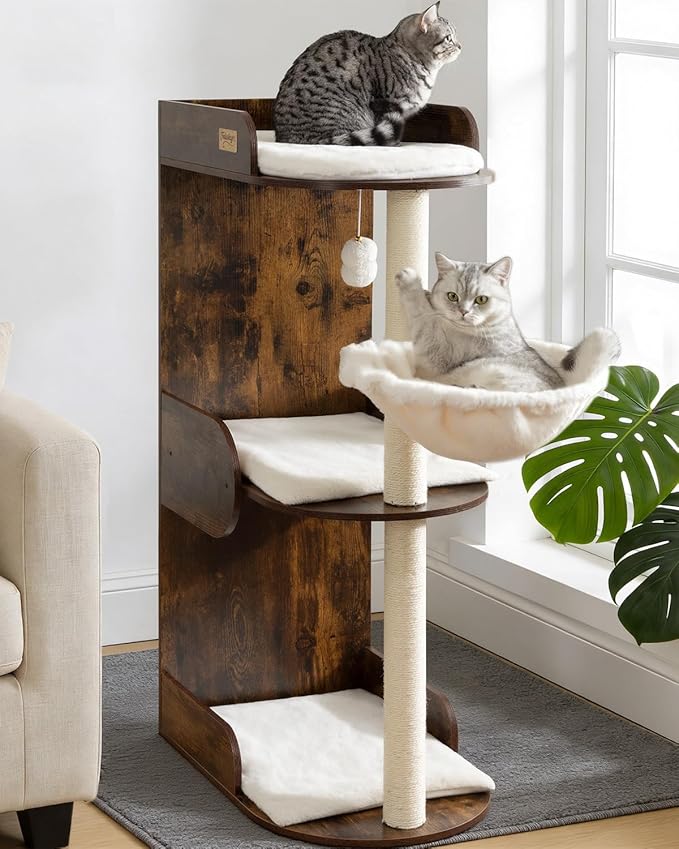 Modern Wood Cat Tree Tower for Indoor Large Cats, Cat Scratching Posts with Big Perch Bed, 44.8" Tall Multi-Level Wooden Cat Condo with Hammock, Removable Pads, Kitty Furniture, Rustic Brown