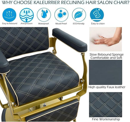 Kaleurrier Black and Gold Barber Chair: Professional Heavy Duty Recliner Salon Chair for Hair Stylist - Reclining Hydraulic Barber Shop Chairs for Home Hair Beauty Salon Massage Barbershop
