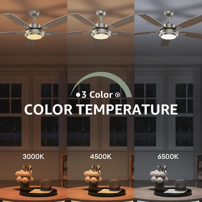 52 Inch Nickel Ceiling Fans With Lights And Remote Control For Bedroom, Modern Ceiling Fan With Quiet Reversible Dc Motor, 3Cct,
