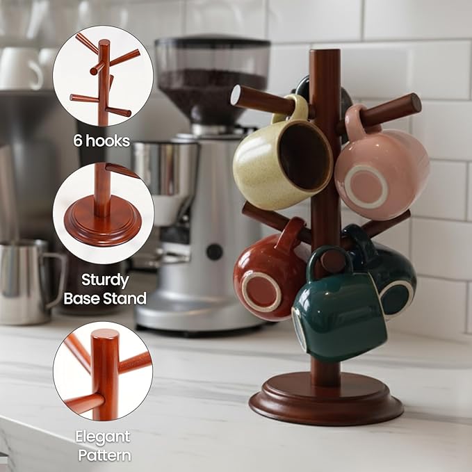Mug Tree Set of 2 | 13.5"x7"x7", 6 Hooks Cup Holder with Thick Rubberwood Base, Wooden Coffee Mug Holder Stand for Countertop, Kitchen Table, Cup Organizer Rack for Mugs or Utensils (Brown)