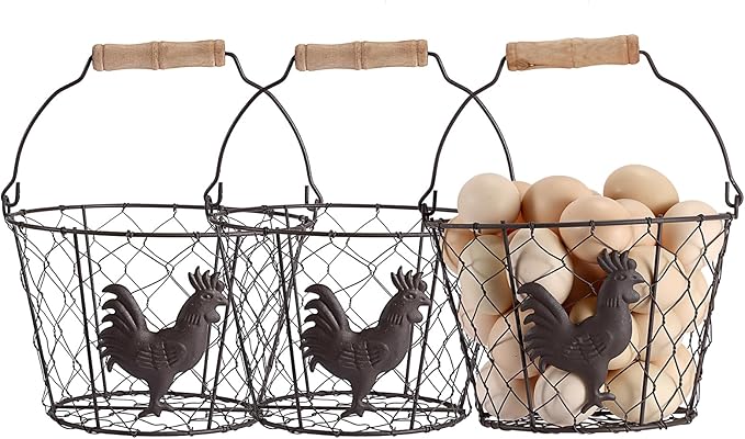 3 PCS 8’’ Farmhouse Egg Collecting Basket with Wood Handle, Rustic Metal Wire Chicken Eggs Holder Basket for Countertop Kitchen, Wire Egg Basket Vintage Style, Round, Rooster Pattern