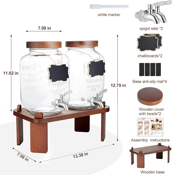 2PCS Large Drink Dispensers for Parties,Glass Beverage Dispenser with Wood Stand,Lemonade Drink Dispenser with Stainless Steel Spigot for Fridge,Water, Juice,Punch,Cocktails,Ice Tea & Sun Tea