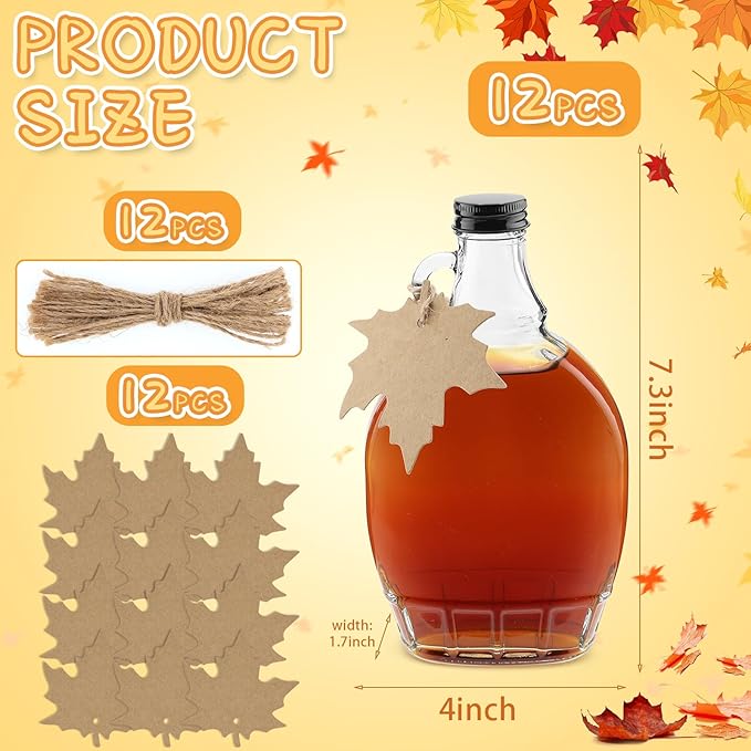12 Oz Maple Syrup Bottles with Black Aluminum Lids, Clear Glass Bottles with Maple Tag, Perfect for Gifts or Storage (12)