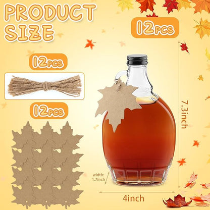 12 Oz Maple Syrup Bottles with Black Aluminum Lids, Clear Glass Bottles with Maple Tag, Perfect for Gifts or Storage (12)