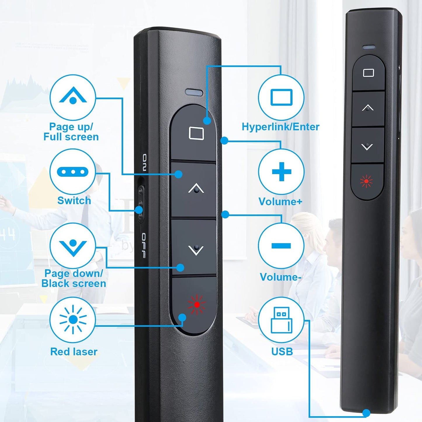 Presentation Clicker With Case,Wireless Presenter Remote With Laser Pointer Hyperlink & Volume Remote Control Powerpoint Office