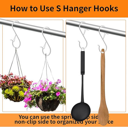 48 PCS S Hooks for Hanging with Safety Buckle, 3.5 inch Heavy Duty Metal S Shaped Hooks for Kitchen Utensil, Cups, Pots, Plants, Bags, Hats (White)