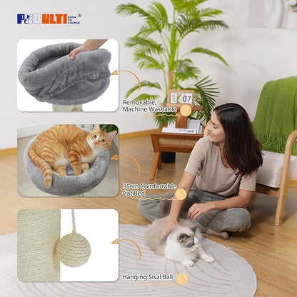 PEQULTI Cat Scratching Post, Tall Cat Scratcher for Indoor Cats with Super Thick Scratching Post [Dia=5.5''], Removable Fluffy Bed, Cat Scratch Post with Spring Ball, Grey