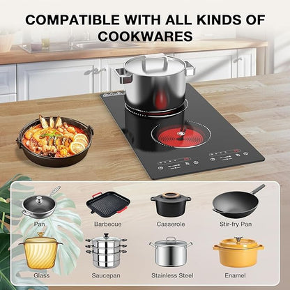VBGK Electric Cooktop,110V 2100W 2 Burner Electric Cooktop,Countertop and Built-in Stove top with 9 Power Levels,Child Safety Lock, Timer, LED touch control,Overheat Protection