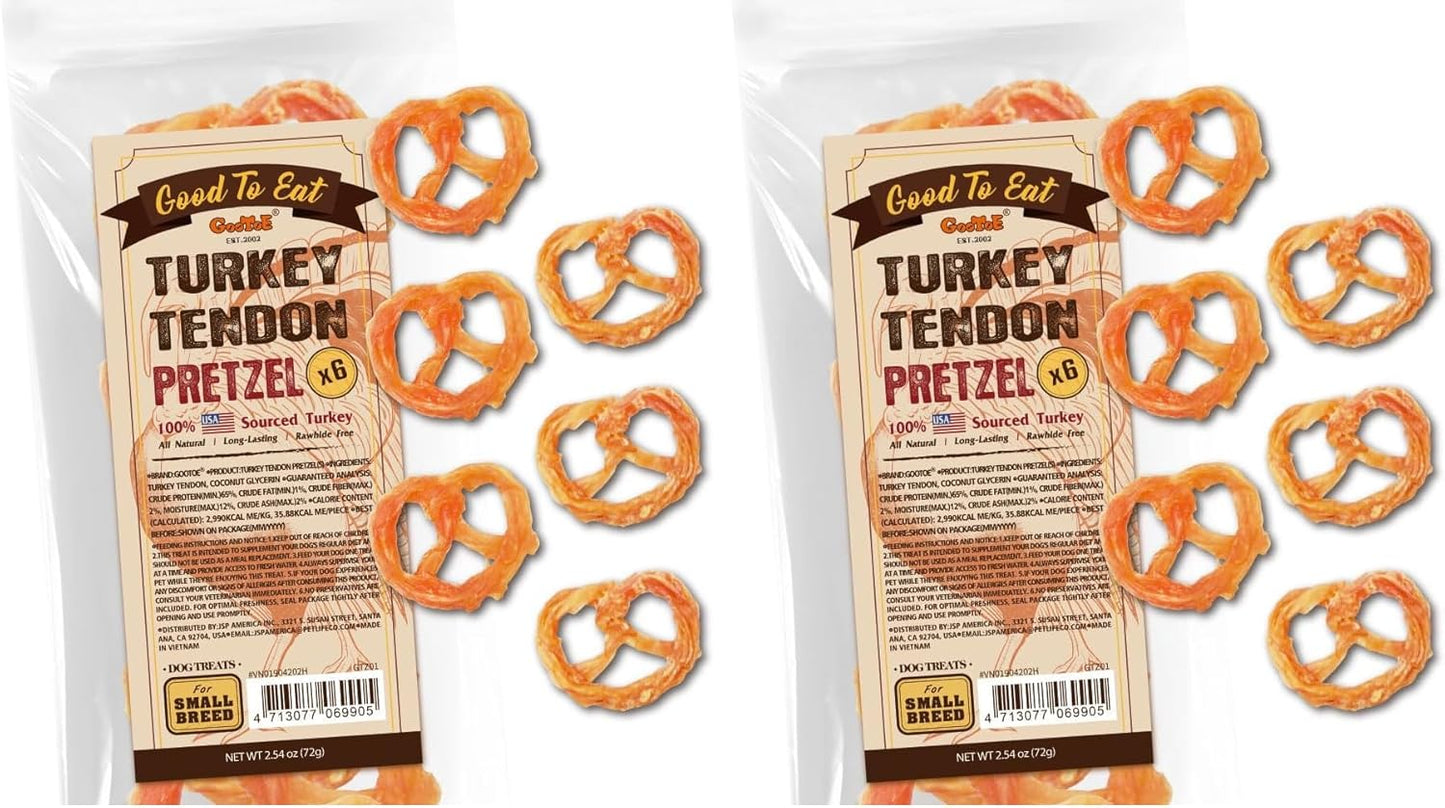 Gootoe Turkey Tendon Dog Treats, Pretzel (S) 6 Pieces per Pack, USA-Sourced Turkey Tendon, Natural Snack, Premium Puppy Chews, Hypoallergenic, Reseal Value Bags, Size for Small Dogs (Pack of 2)