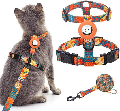 BINGPET Cat Harness with Airtag Holder, Cat Harness and Leash Set Escape Proof for Walking Travel Outdoor, Soft Adjustable Kitten Harnesses for Small Medium Large Cats, Orange(Chest:12.5"-18")