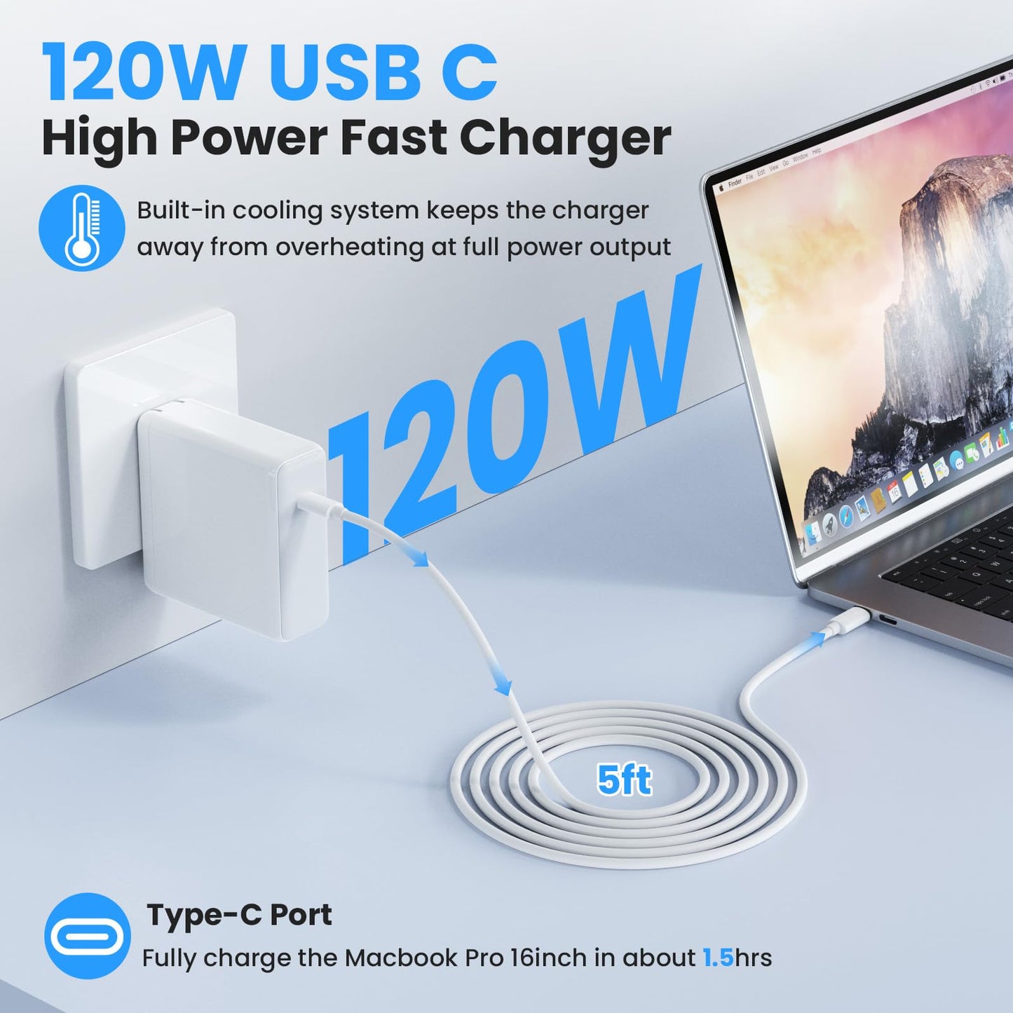 Macbook Pro/Air Charger - 120W Usb-C Fast Charger, Compact Laptop Charger Adapter Compatible With Usb-C Macbooks, Ipads, Samsung