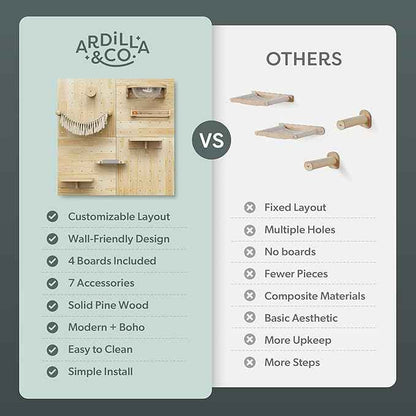 Ardilla & Co. Cat Wall Furniture – Wall-Mounted Modular Wooden Boards with 7 Moveable Accessories, Cat Wall Shelves, Hammock, Climber Steps, Perches, Walkways, Toy & Acrylic Bowl!