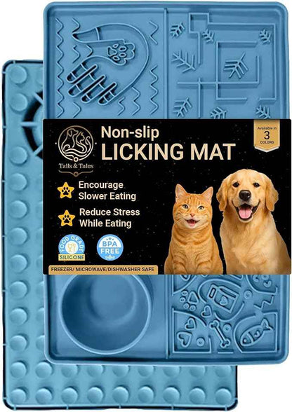 Tails & Tales Large Lick Mat for Dogs & Cats (11.2×16.7 in) with Strong Suction Cups, Slow Feeder Licking Pad for Anxiety Relief, Boredom & Bathing, Dog Enrichment Toy for Peanut Butter Yogurt (Blue)