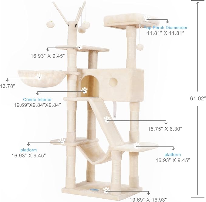 Hey-brother Cat Tree, 61 inch Cat Tower for Indoor Cats, Cat House with Padded Platform Bed, Toy Balls, Large Cozy Condo, Hammocks and Sisal Scratching Posts, Beige 0MPJ019M