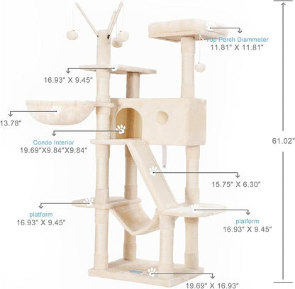 Hey-brother Cat Tree, 61 inch Cat Tower for Indoor Cats, Cat House with Padded Platform Bed, Toy Balls, Large Cozy Condo, Hammocks and Sisal Scratching Posts, Beige 0MPJ019M