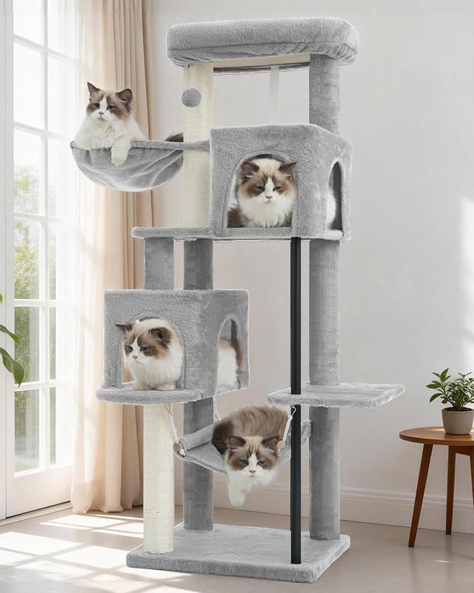 51.2'' Cat Tree Tower, Cat Tower with Scratching Post, Sturdy Steel Pube Cat Tree for Inoor Cats Large Adult, Cat Hammock and Basket, Padding Top Platform, Light Gray GCT014W