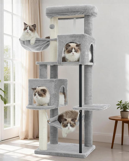 51.2'' Cat Tree Tower, Cat Tower with Scratching Post, Sturdy Steel Pube Cat Tree for Inoor Cats Large Adult, Cat Hammock and Basket, Padding Top Platform, Light Gray GCT014W