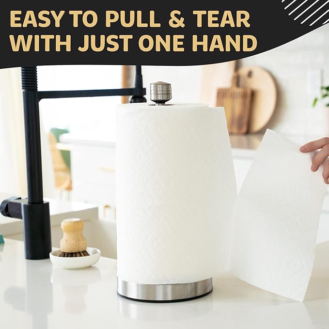 Dear Household Stainless Steel Paper Towel Holder Easy One-Handed Operation - This Sturdy Weighted Paper Towel Dispenser Countertop Model Has Suction Cups and Holds All Paper Towel Rolls - Silver