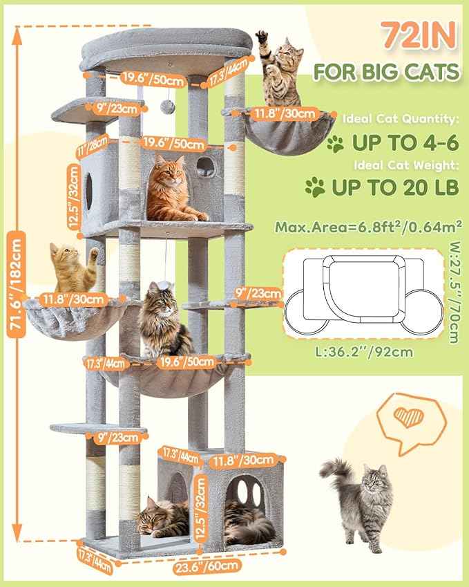 Taoqimiao 72 Inch Cat Tree, XXL Cat Tower for Indoor Cats Large Adult 25Lbs+, Extra-Large Platform, 2 Cat Houses, 7 Scratching Post, Extra-Sized Durable Hammock, Cozy Basket, Light Gray, F20W