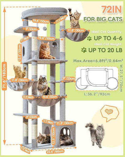 Taoqimiao 72 Inch Cat Tree, XXL Cat Tower for Indoor Cats Large Adult 25Lbs+, Extra-Large Platform, 2 Cat Houses, 7 Scratching Post, Extra-Sized Durable Hammock, Cozy Basket, Light Gray, F20W