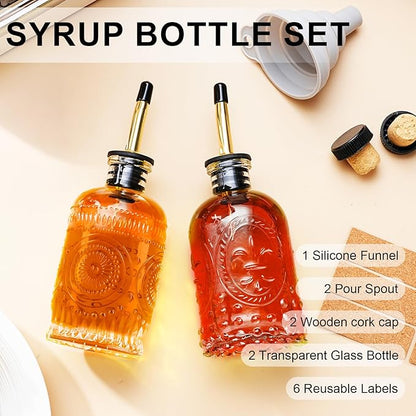 Glass Coffee Syrup Dispenser Bottles Set 2 Pack 7 OZ, Simple Syrup Bottles with Metal Pour Spout, Syrup Dispenser for Coffee Bar Accessories for Maple Honey Syrup Oil and Sauces