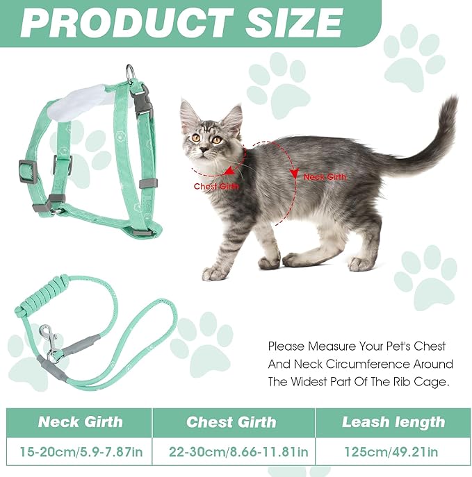 Cat Harness and Leash for Walking Escape Proof Adjustable Soft Harnesses and Leash Set Easy to Wear Kitten Harness for Travel Training and Walking(Green)