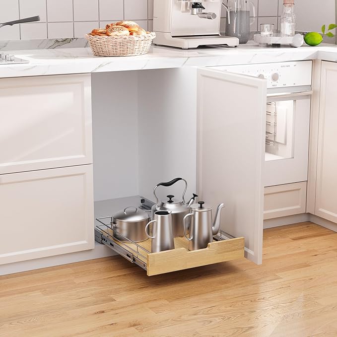 Pull Out Cabinet Organizer,Heavy-Duty Slide Out Shelf, Wood And Wire Basket, Pull Out Drawer for for Kitchen Under Sink Space, Pantry, Bathroom (20 * 21 WM)
