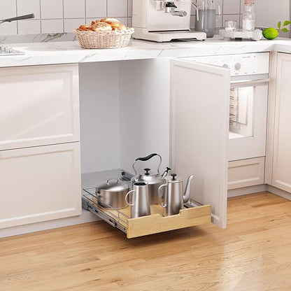 Pull Out Cabinet Organizer,Heavy-Duty Slide Out Shelf, Wood And Wire Basket, Pull Out Drawer for for Kitchen Under Sink Space, Pantry, Bathroom (20 * 21 WM)
