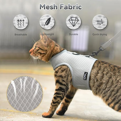 Kitty Harness and Leash for Walking Escape Proof Breathable Mesh Fabric, Solid Grey, Small, Adjustable Cat Walking Jackets, Padded Stylish Cat Vest