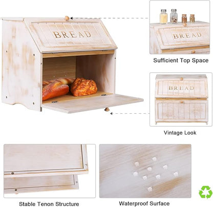 HOMEKOKO Vintage Double Layer Large Bread Box for Kitchen Counter, Retro Design Wooden Large Capacity Bread Storage Bin (White)
