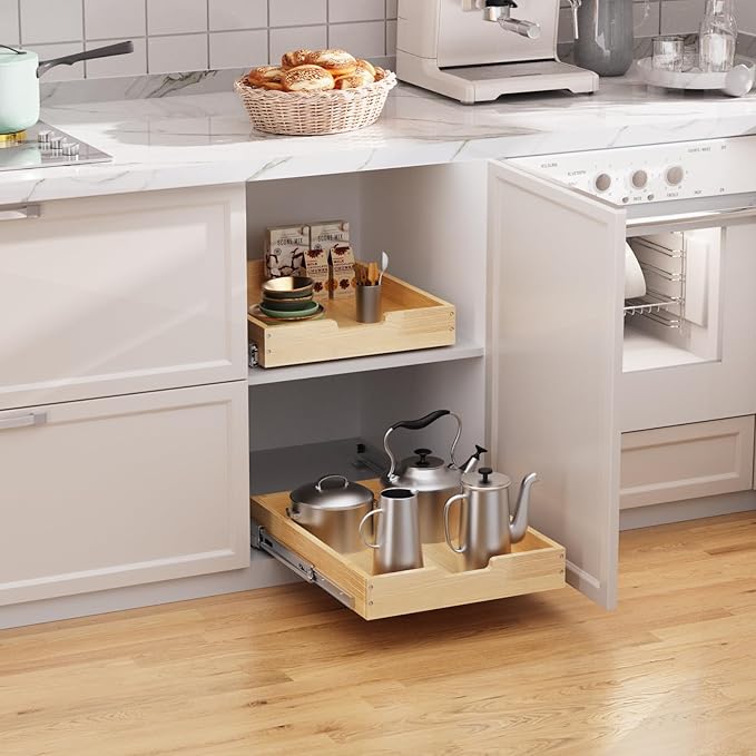 Wood Pull Out Cabinet Organizer 14" W x 21" D, Heavy-Duty Sliding Drawers for Inside Cabinets Storage and Organization for Kitchen, Pantry, Bathroom