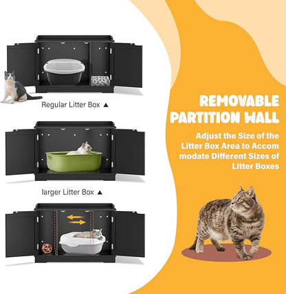 Zeny Cat Litter Box Enclosure, Wooden Cabinet with Divider, Modern Storage Bench, Fit Most Litter Box (Black)