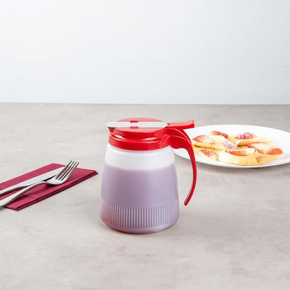 Restaurantware-Chef 101 32 Ounce All Purpose Syrup Dispensers, 10 Honey Dispensers - Red Top, Stainless Steel Slide Cover, Plastic Pancake Syrup Bottle, Perfect For Diners, Restaurants, Home