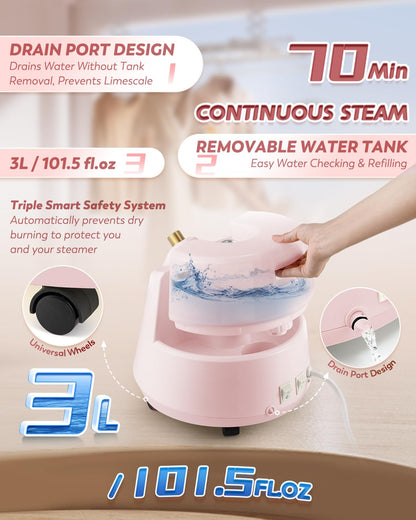 Hapyvergo Standing Garment Steamer with Ironing Pad, 2200W Steamer for Clothes, 3L Tank, 70-Min Continuous Steam, 40s Fast Heating, Adjustable Height, Drain Port Design, Universal Wheels, Pink