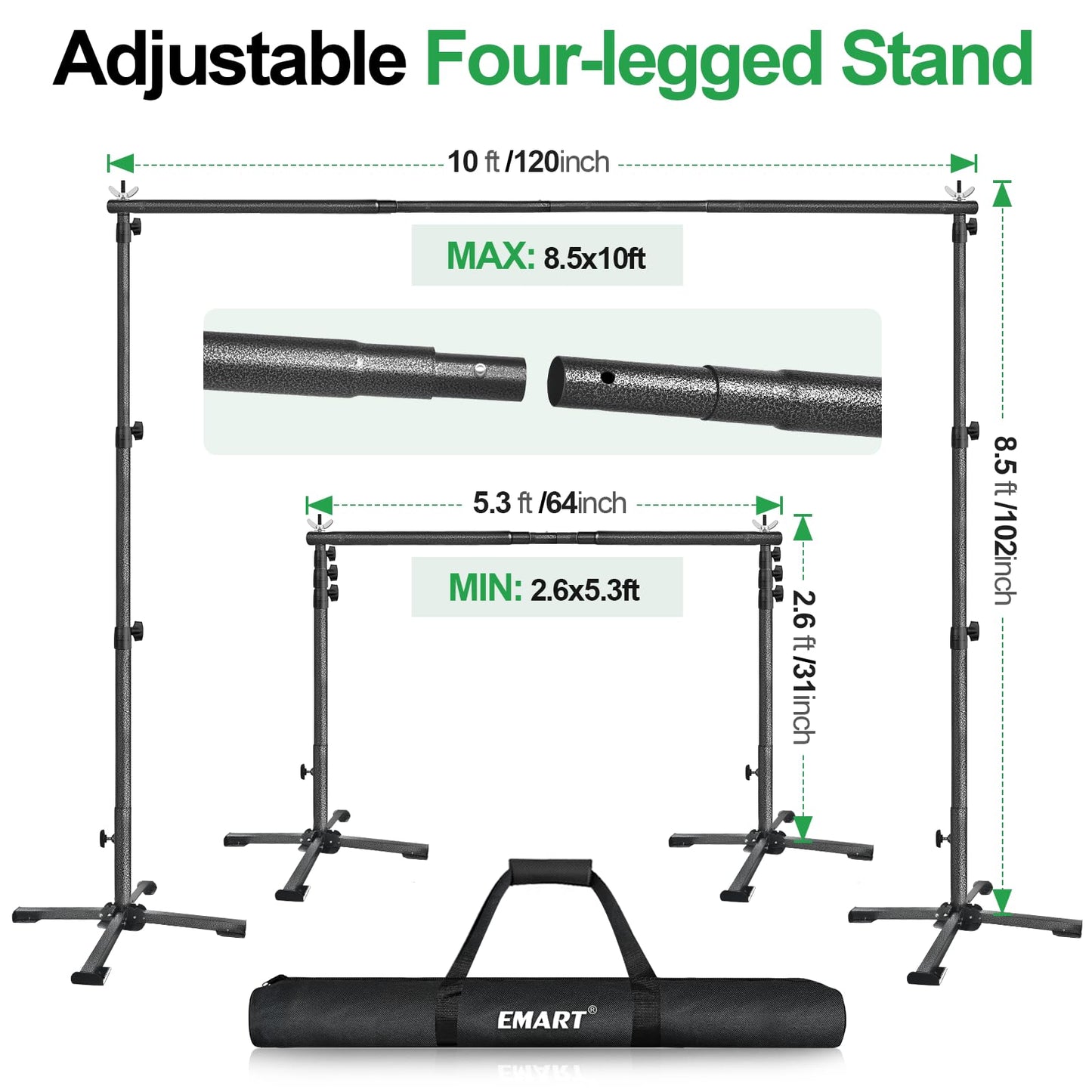 Emart 8.5X10Ft Backdrop Stand, Four-Legged Photo Background Frame Kit With Foldable Cross Base, Adjustable Back Drop Holder For