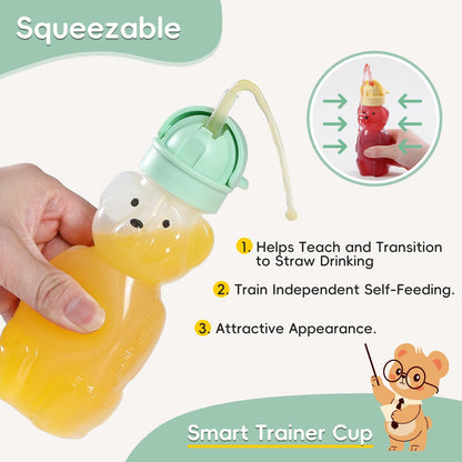 Upgraded 2 Pack Honey Bear Straw Cups for Baby, Toddler - Flip Top, Spill-Proof & Anti-pullout & Pop-up Straw Design - 8 OZ Squeezable Transition Sippy Cup for Speech & Feeding Training, Yellow&Green