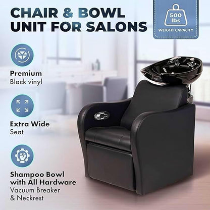 Buy-Rite Lexus Backwash Unit – Salon Shampoo Chair with Tilting Black Porcelain Bowl, Extra Wide Seat, Kick-Out Leg Rest, Neck Rest & Single Handle Faucet – Professional Backwash Station – TS-8018B