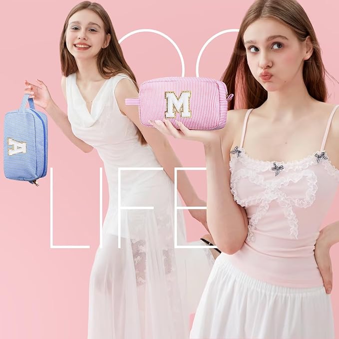 YOOLIFE Initial Cosmetic Bag for Women - Monogram Cute Initial Pink Makeup Bags Toiletry Pouch Make Up Case for Women Her Best Friend Friendship Sister Teacher, Personalized Birthday Gifts for Women O