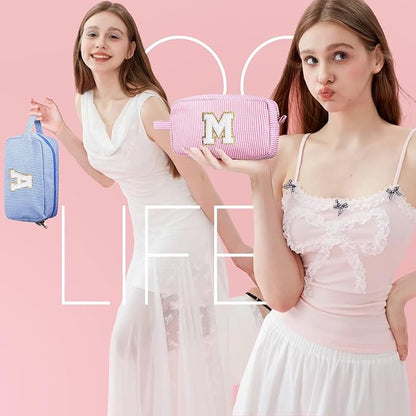 YOOLIFE Initial Cosmetic Bag for Women - Monogram Cute Initial Pink Makeup Bags Toiletry Pouch Make Up Case for Women Her Best Friend Friendship Sister Teacher, Personalized Birthday Gifts for Women O