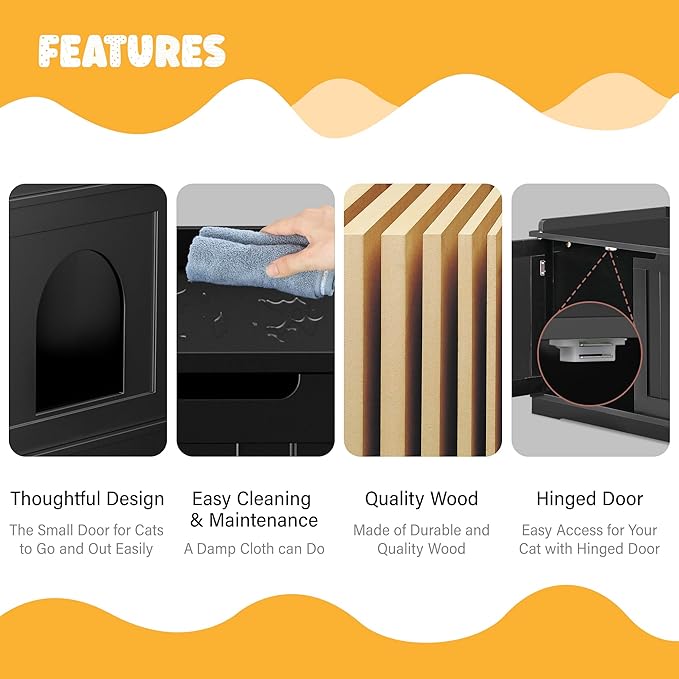 Zeny Cat Litter Box Enclosure, Wooden Cabinet with Divider, Modern Storage Bench, Fit Most Litter Box (Black)