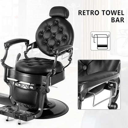 OmySalon Vintage Barber Chair All Purpose Heavy Duty, Hydraulic Recline Salon Beauty Styling Chair Retro Black, 360 Degree Swivel for Hair Stylist Tattoo, Round Base, Tufted Button
